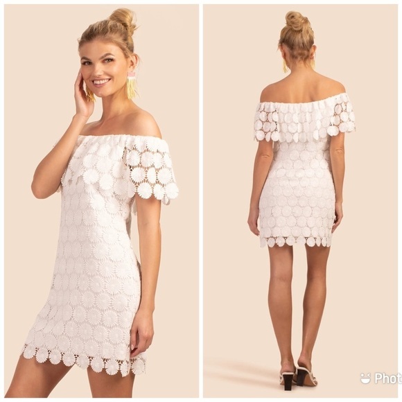 Trina Turk Bardot Eyelet Floral Crochet Swim Cover‎ Up Dress Shoulder Mini Sz S - Picture 1 of 9